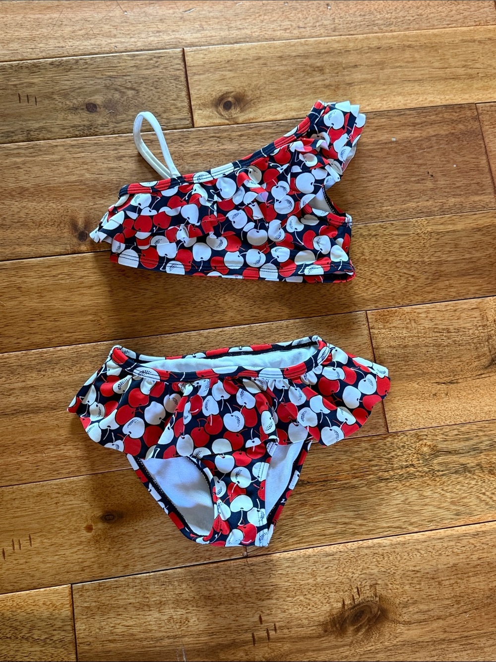 Janie and Jack Red & White Cherry Ruffle One-Shoulder Bikini